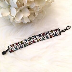 Hand Beaded Mexican‎ Huichol Bracelet Colorful Multicolor Double Zig Zag Rainbow